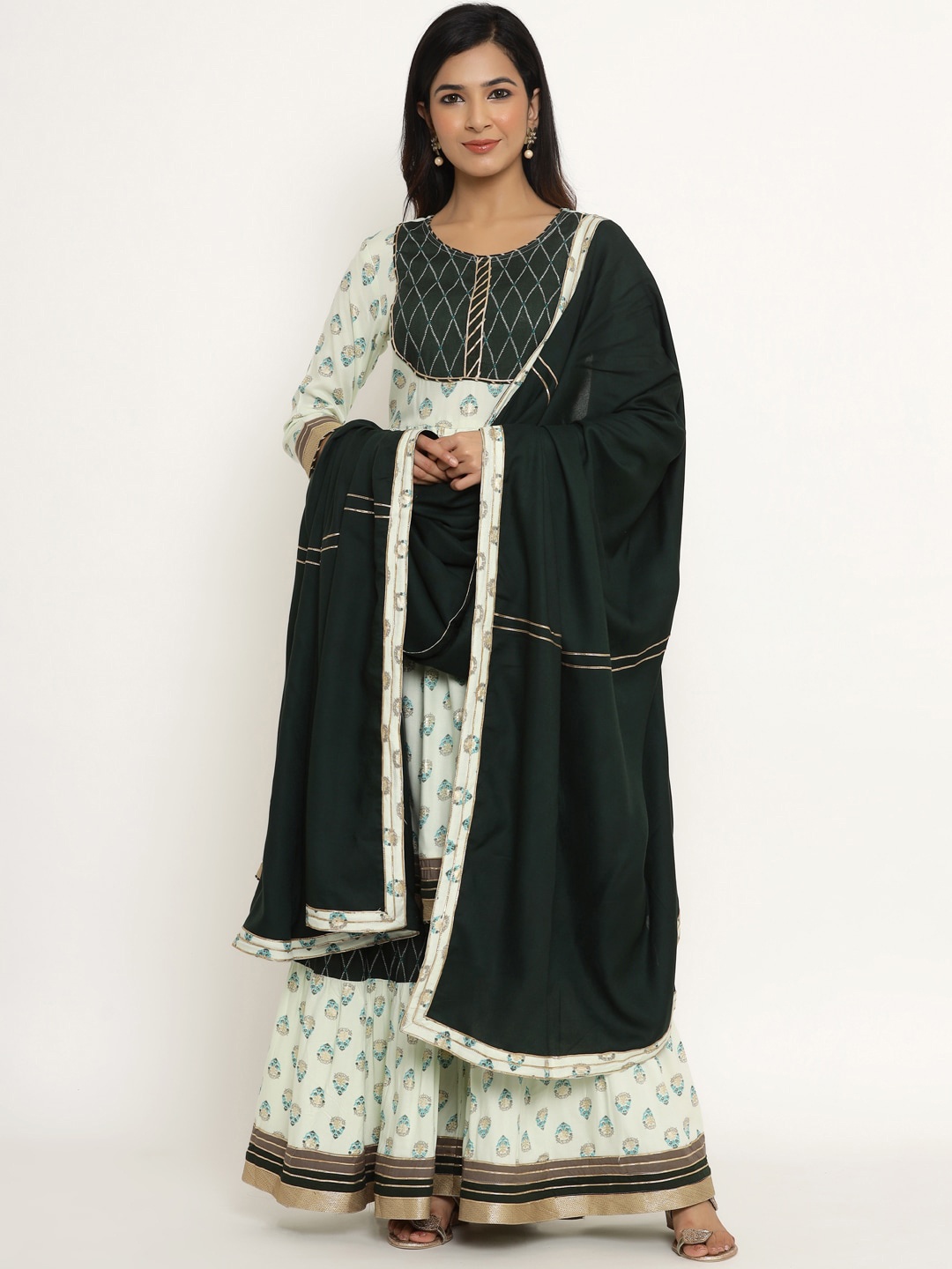 

DIVYANK Women Olive Green Ethnic Motifs Printed Pleated Kurta with Sharara & Dupatta