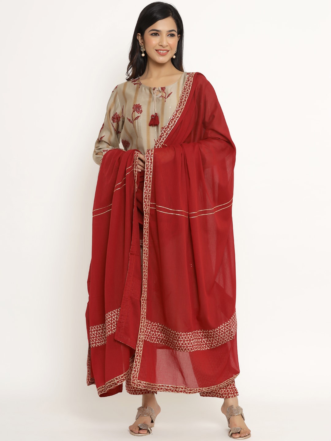 

DIVYANK Women Maroon & Beige Floral Printed Chanderi Silk Kurta with Trousers & Dupatta