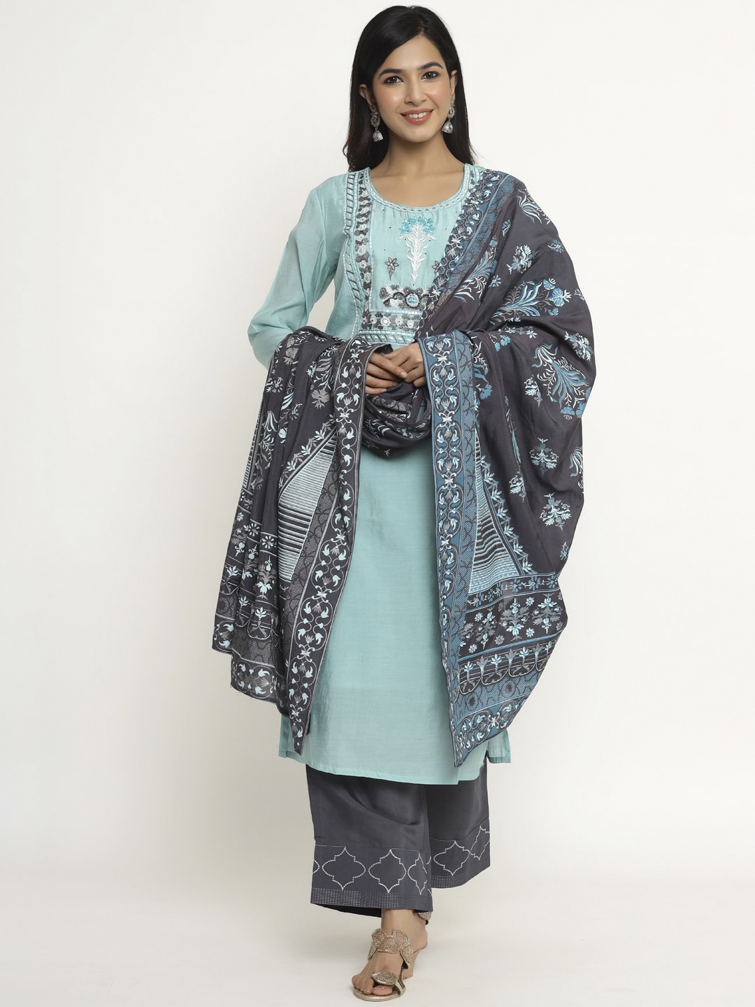

DIVYANK Women Turquoise Blue & Grey Yoke Design Chanderi Silk Kurta Palazzo & Dupatta