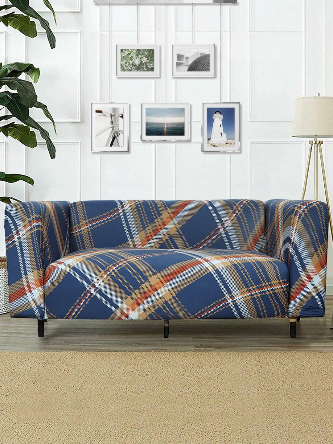 

HOUSE OF QUIRK Blue & White Checked Sofa Cover