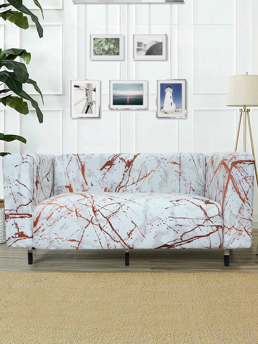 

HOUSE OF QUIRK White & Brown Printed Sofa Cover