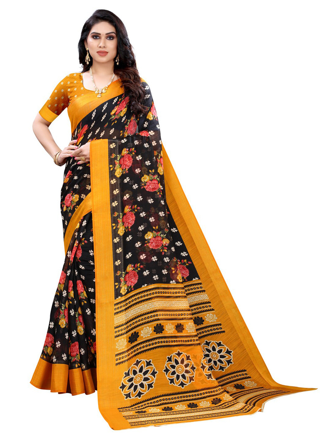

KALINI Black & Pink Floral Printed Saree