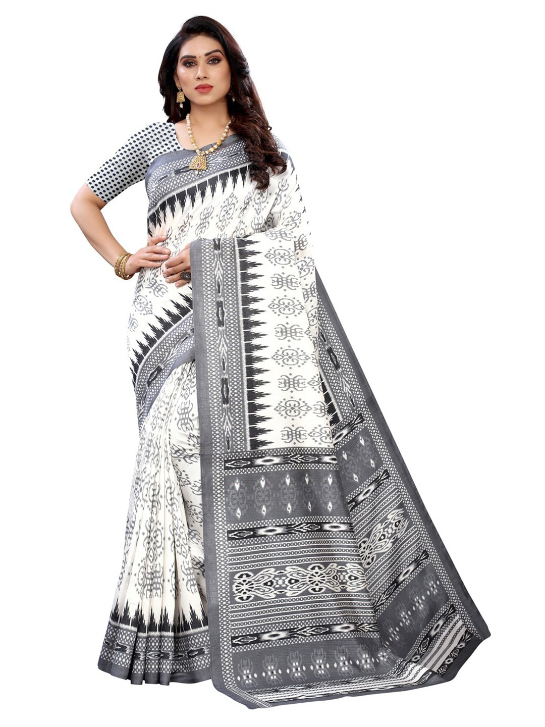 

KALINI White & Grey Ethnic Motifs Printed Saree