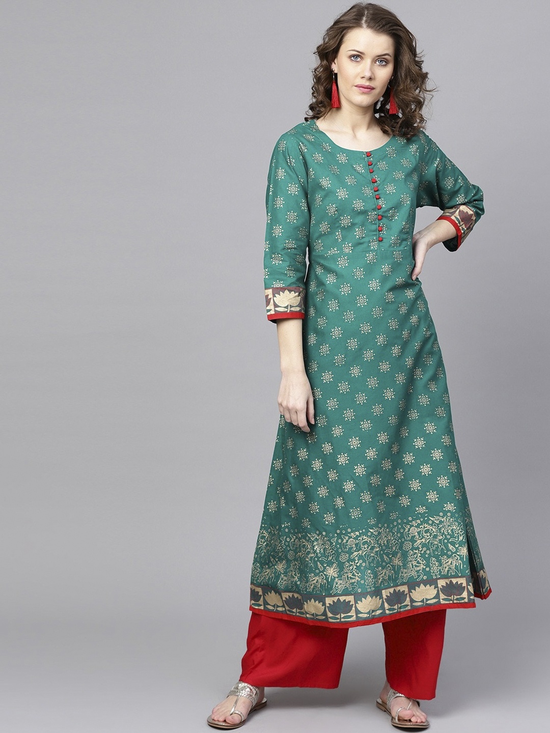 

ZOEYAMS Women Green Ethnic Motifs Block Printed Anarkali Kurta