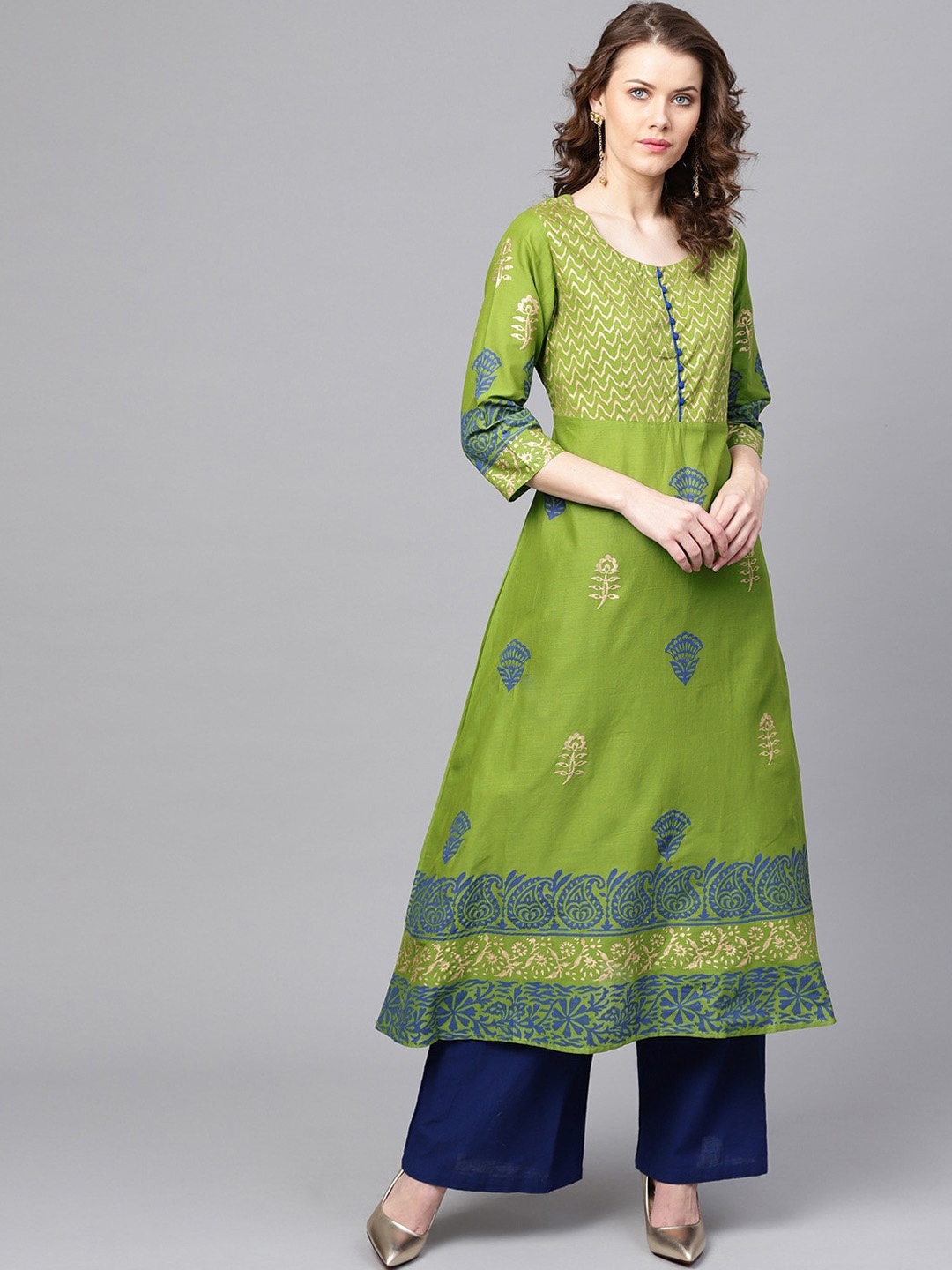 

ZOEYAMS Women Green Ethnic Motifs Block Printed Anarkali Kurta