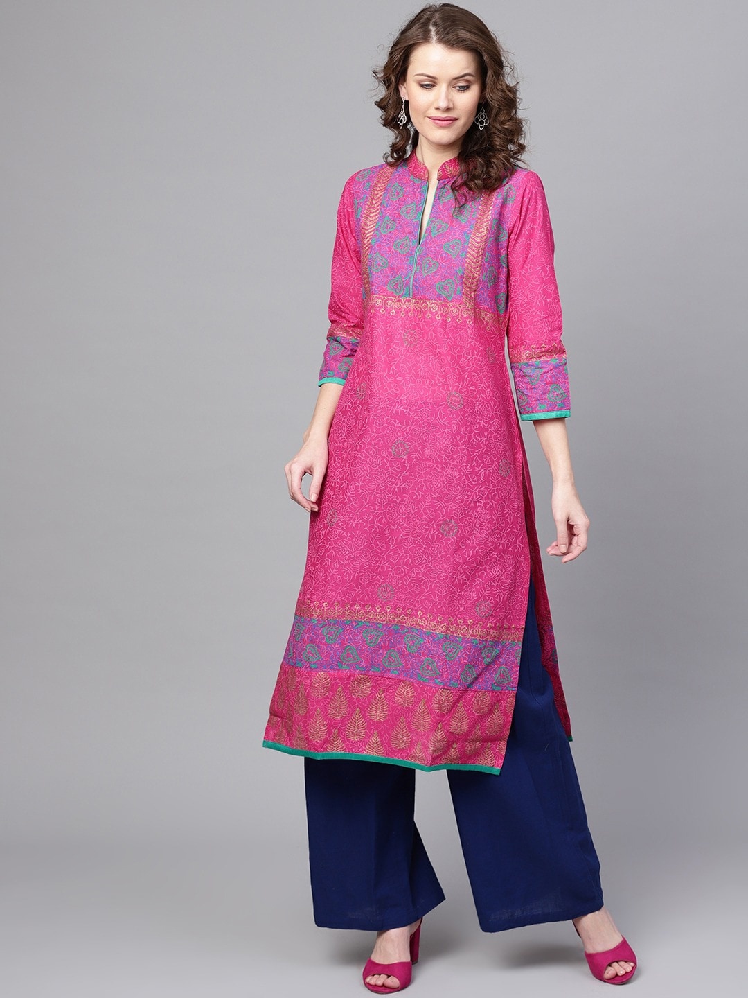 

ZOEYAMS Women Pink & Blue Floral Block Printed Pure Cotton Straight Kurta