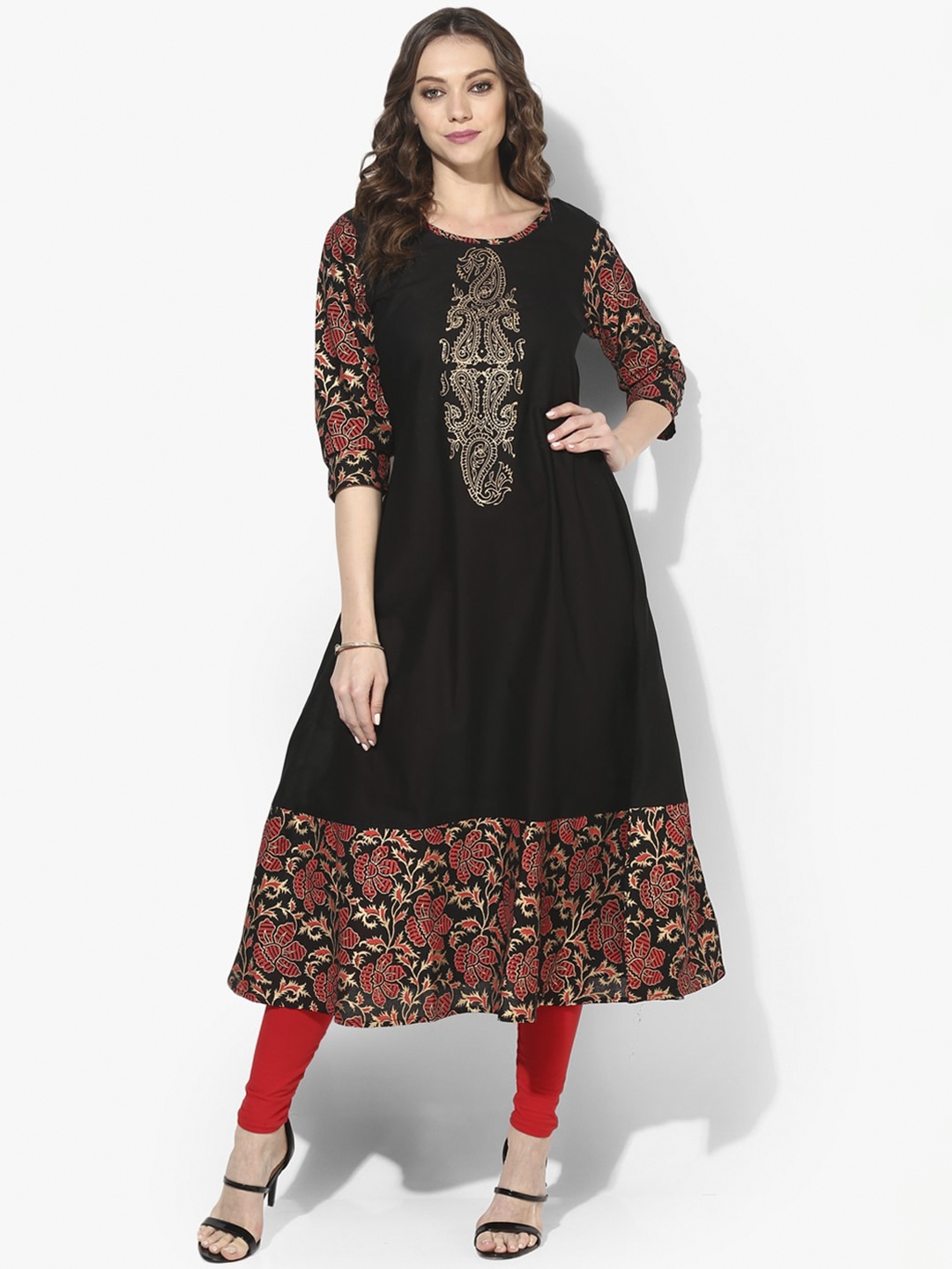 

ZOEYAMS Women Black Block Printed Anarkali Kurta