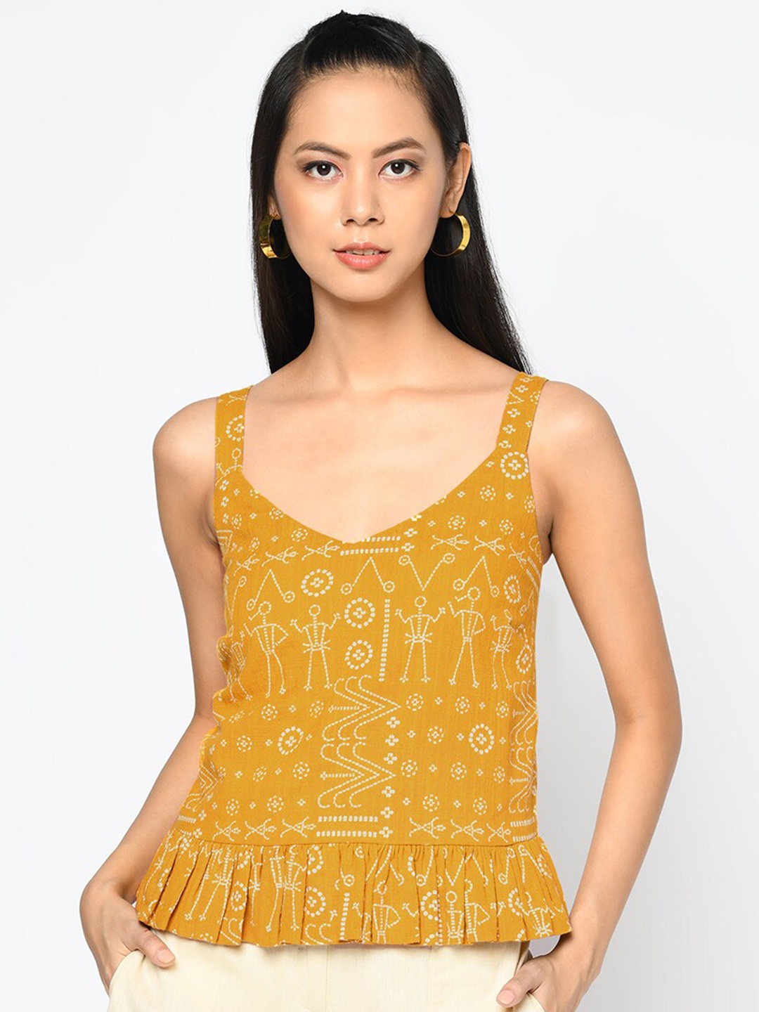 

Fabindia Yellow Geometric Printed Dobby Cotton A-line Top