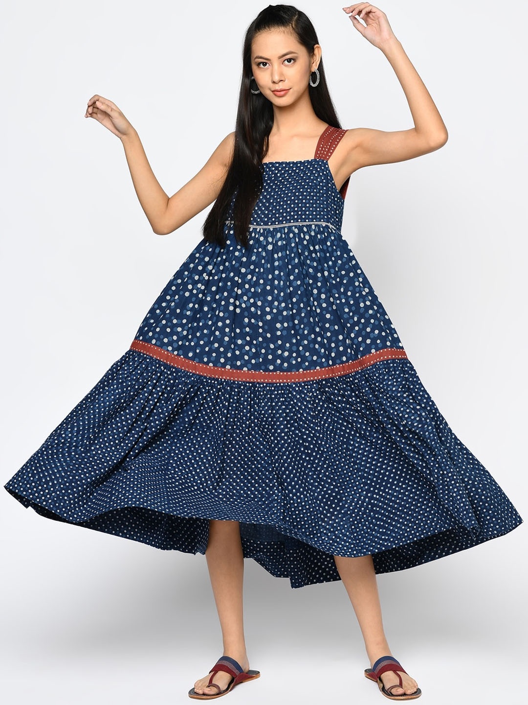 

Fabindia Women Blue & White Polka Dots Printed A-Line Midi Dress