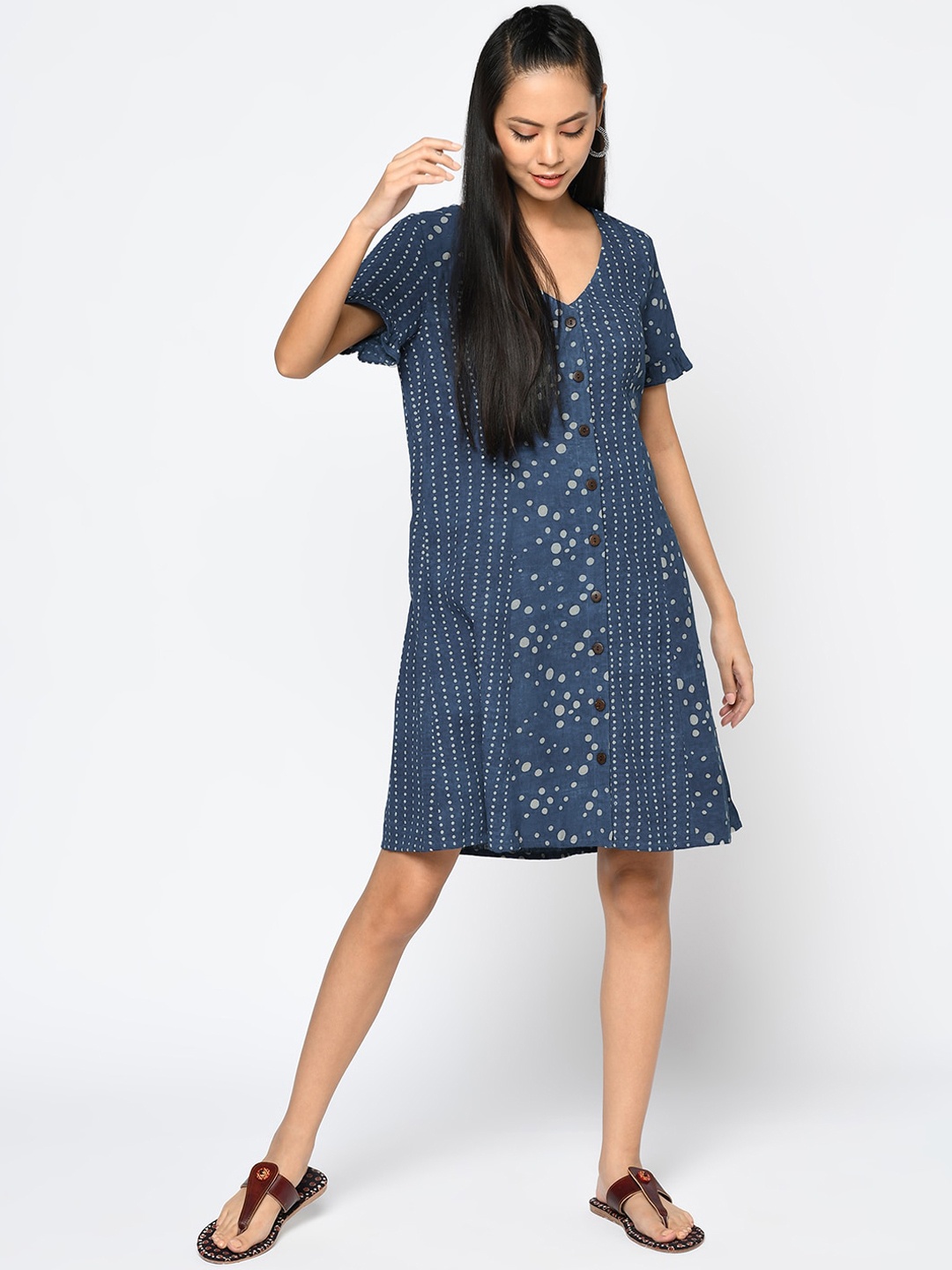 

Fabindia Women Blue Polka Dots Printed Linen A-Line Dress