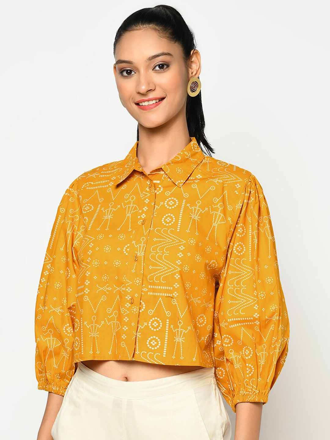 

Fabindia Women Mustard Printed Casual Shirt