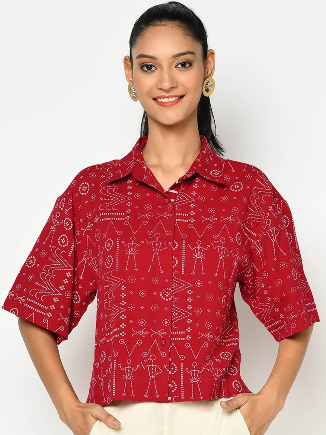 

Fabindia Women Red Abstract Printed Crop Shirt