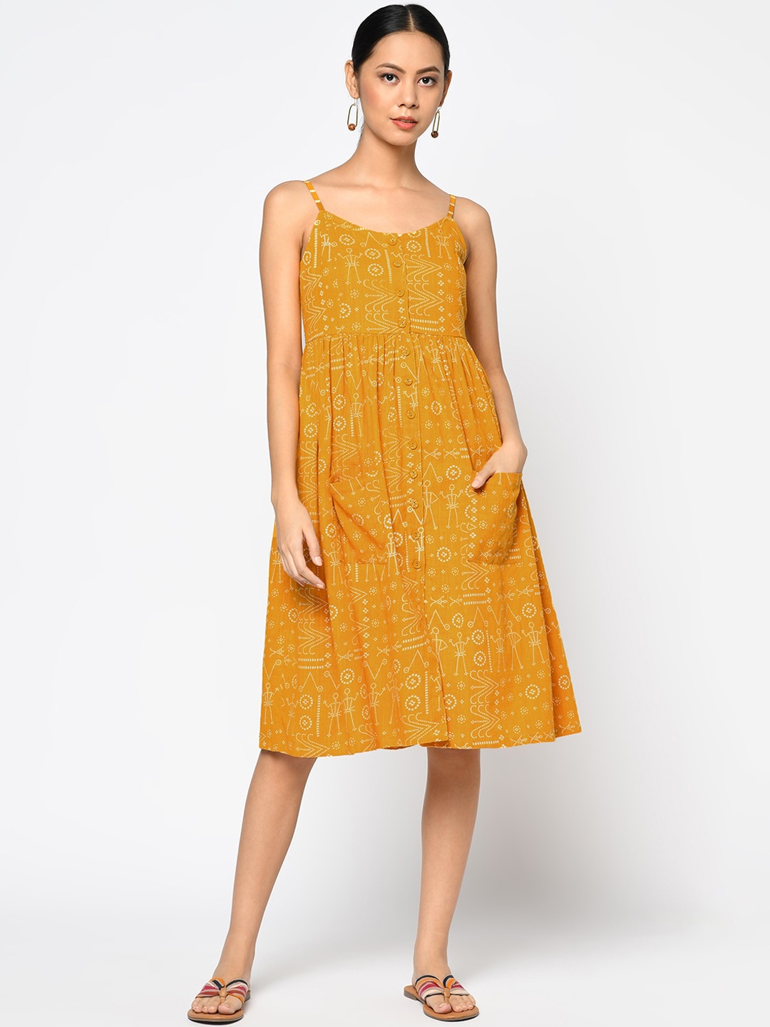 

Fabindia Mustard Yellow Ethnic Motifs A-Line Dress