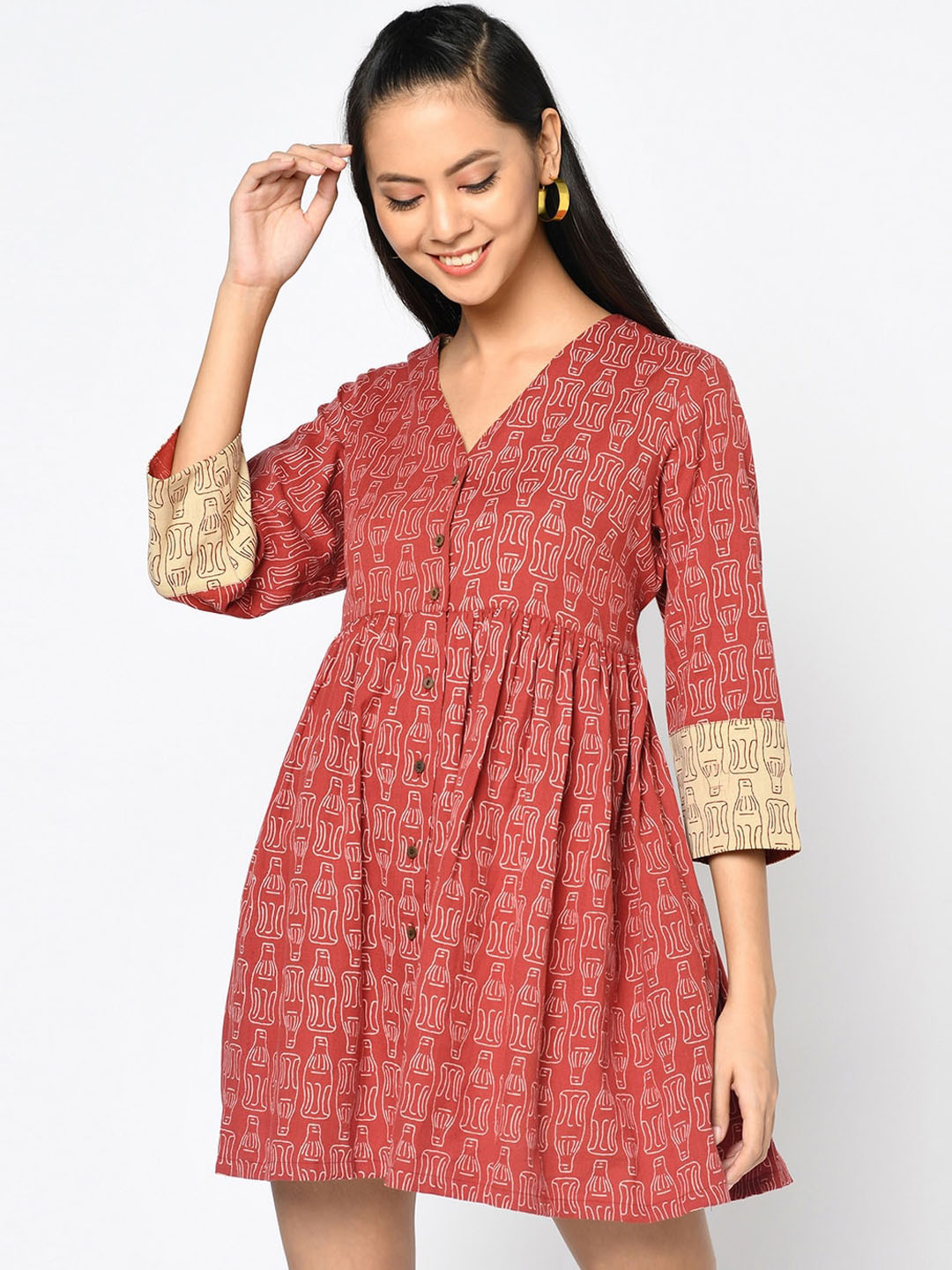 

Fabindia Women Red & White Conversational Printed Linen Dress with Tie up Detail