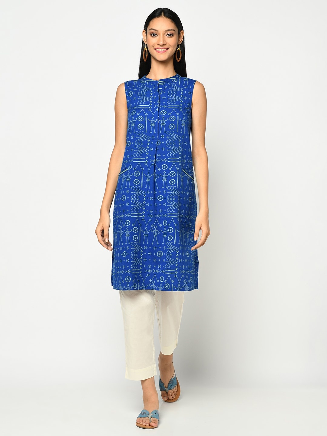 

Fabindia Blue Linen Mandarin Collar Printed Tunic