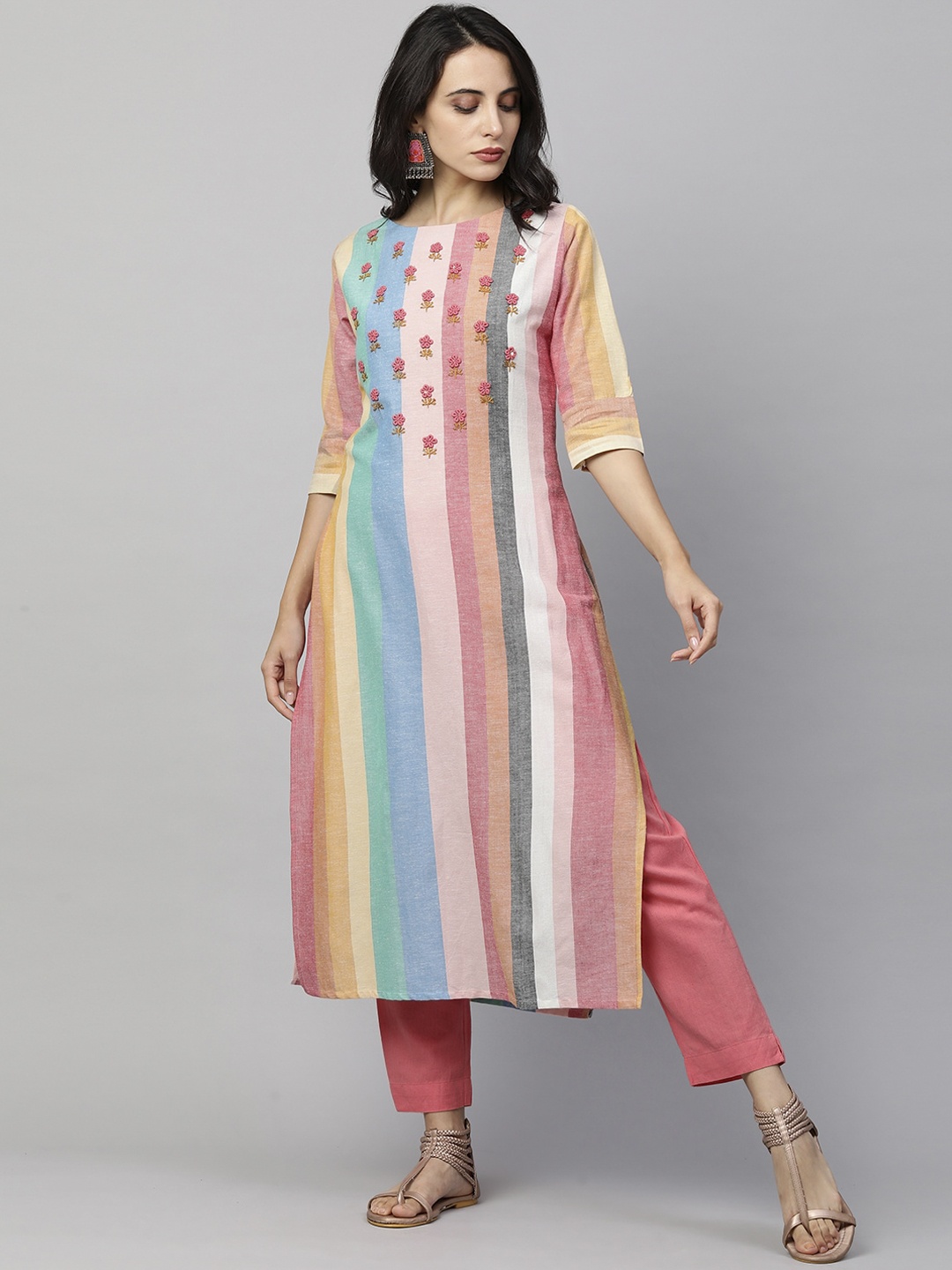 

FASHOR Women Multicoloured Striped Embroidered A-line Kurta, Multi