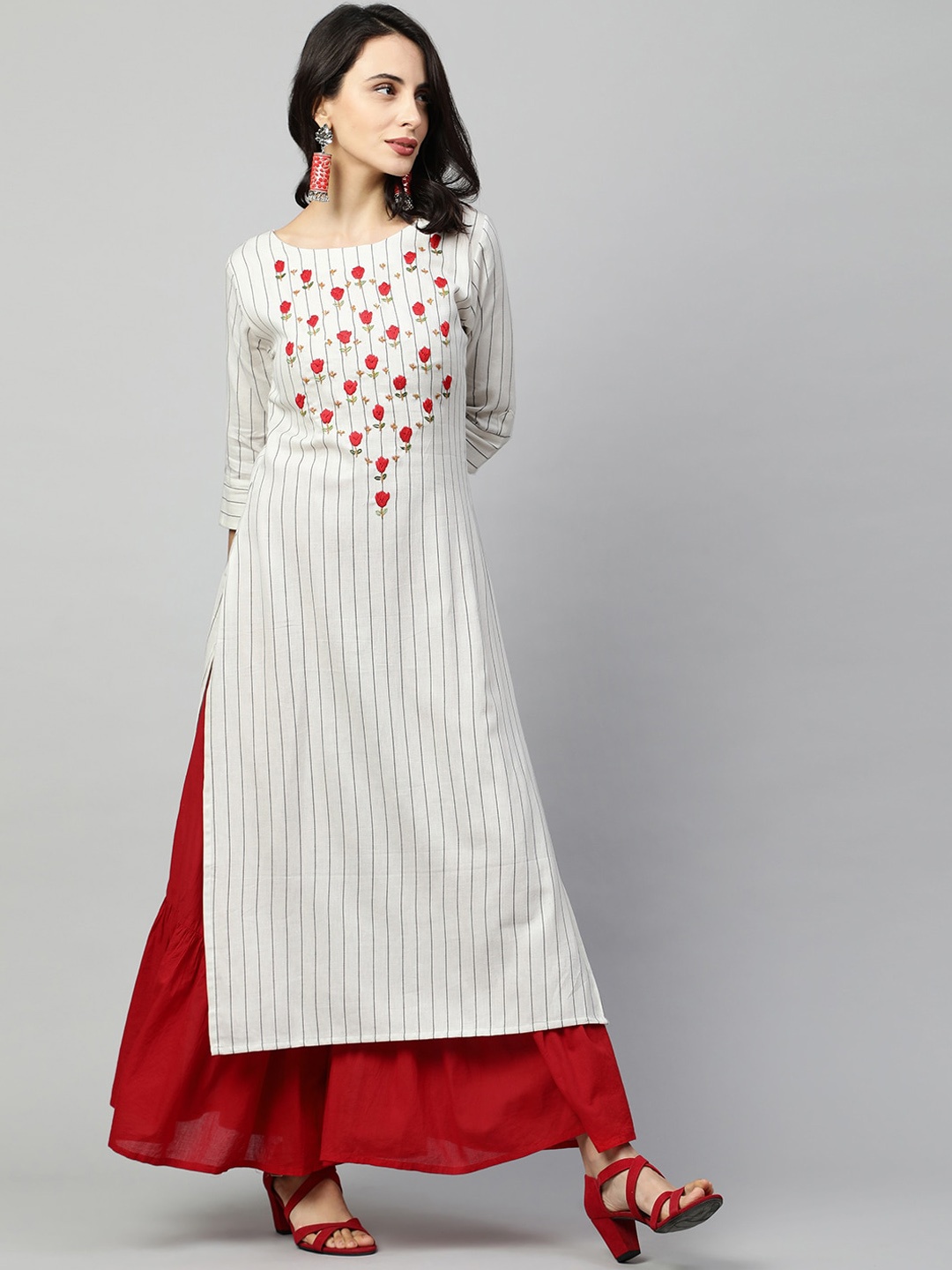 

FASHOR Women Off White & Red Embroidered Kurta