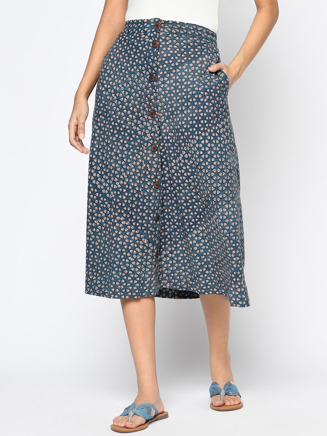 

Fabindia Blue & Beige Printed A-Line Flared Midi Skirt
