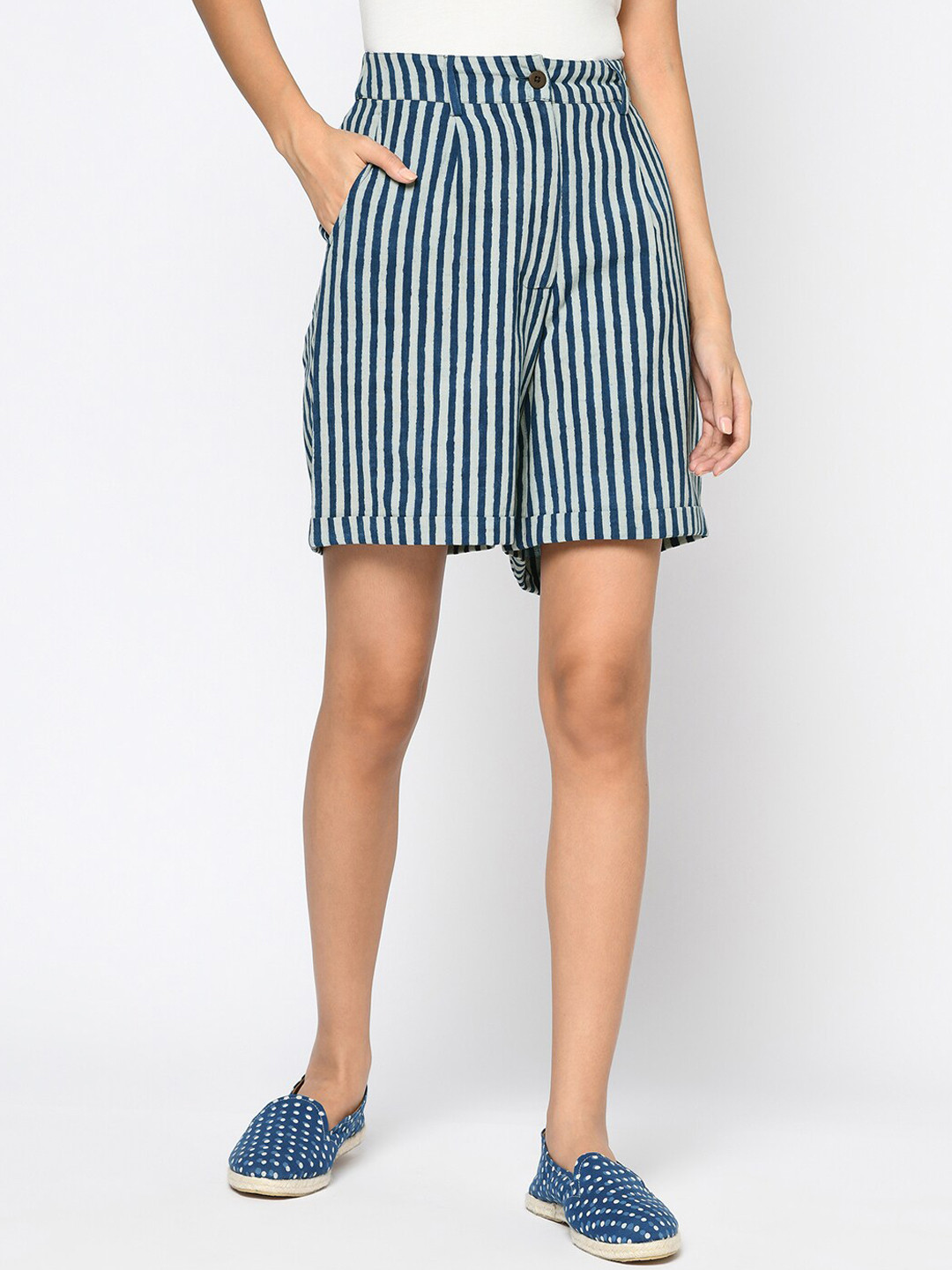 

Fabindia Women Blue & White Striped Mid-Rise Cotton Regular Shorts
