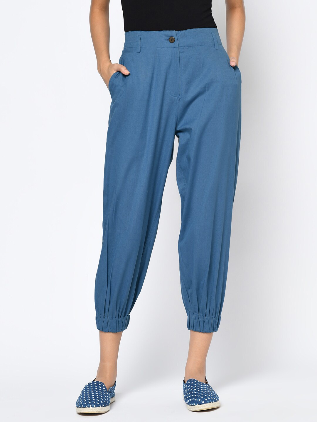 

Fabindia Women Blue High-Rise Joggers Trousers