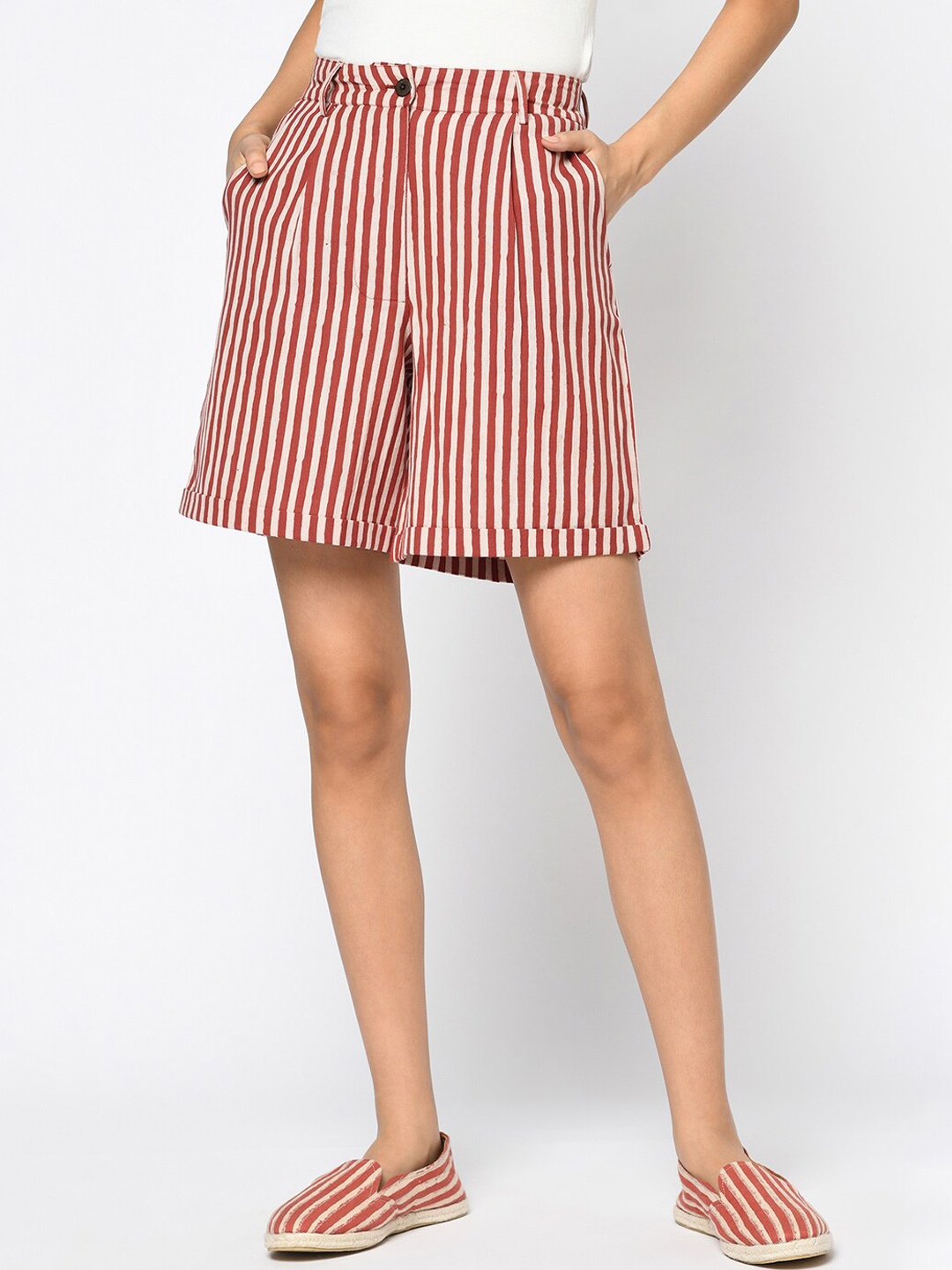 

Fabindia Women Red Striped Mid-Rise Regular Shorts