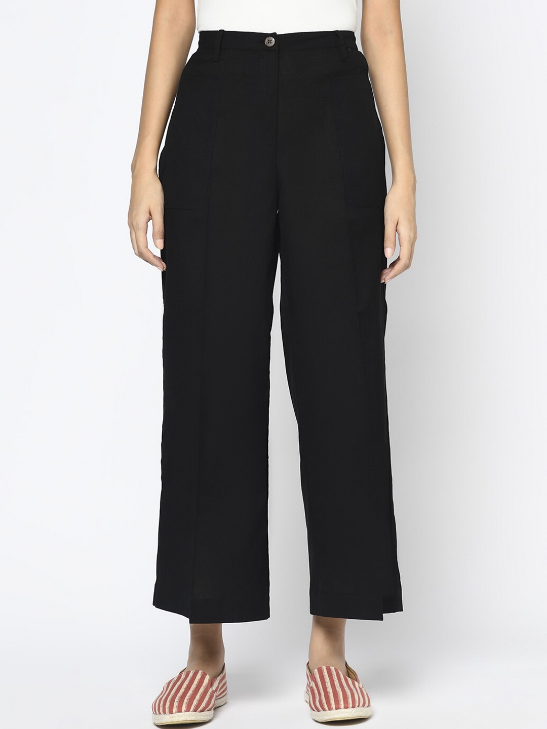 

Fabindia Women Black Straight Fit Solid Culottes Trousers