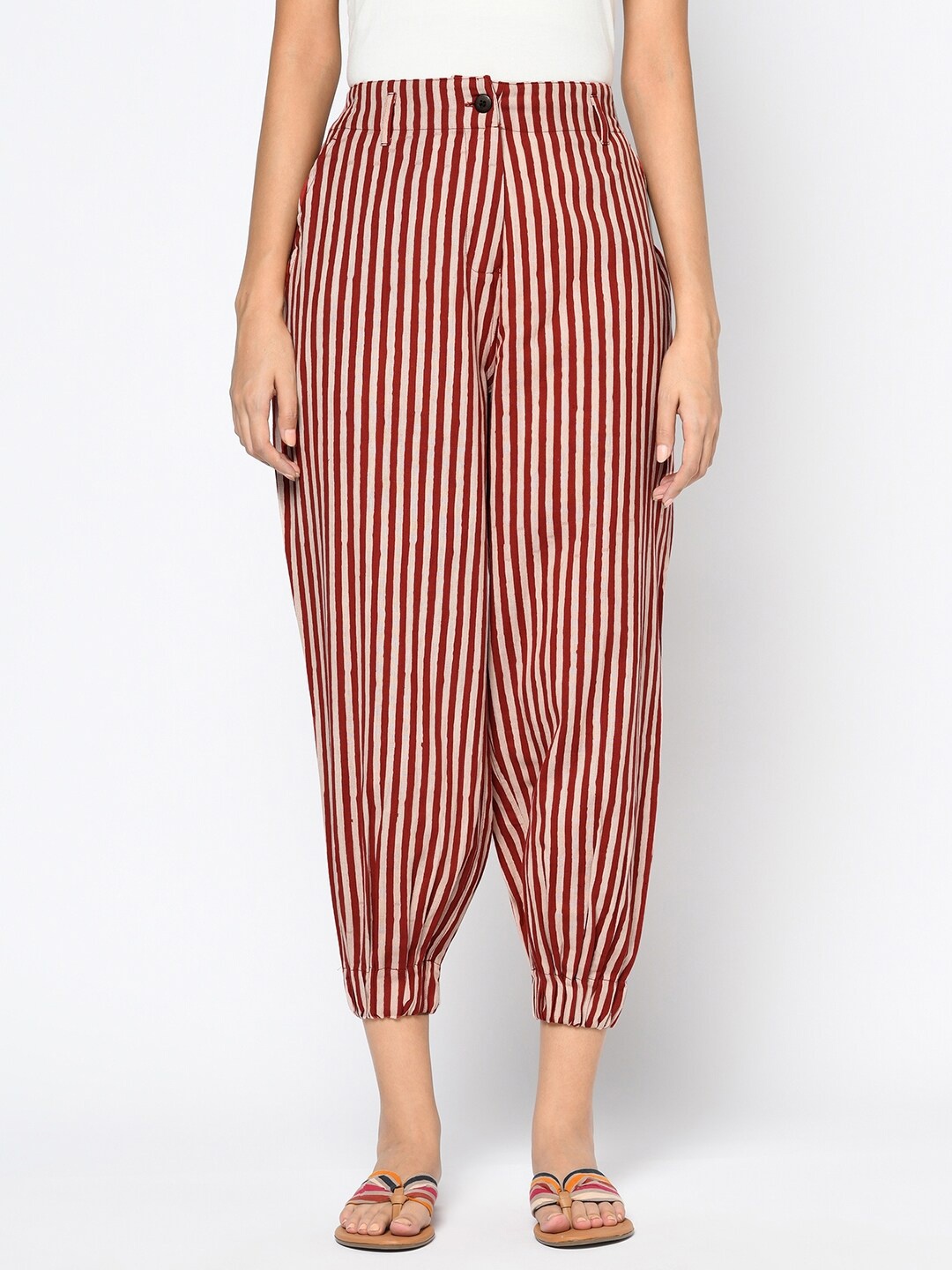 

Fabindia Women Red Striped High-Rise Joggers Trousers