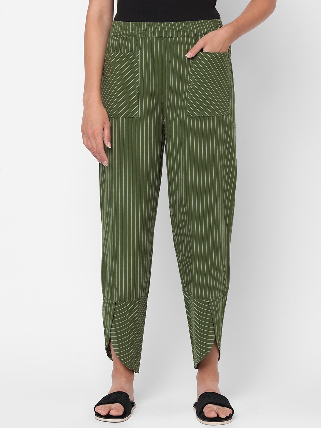 

Mystere Paris Olive Green Striking Striped Cotton Lounge Pants