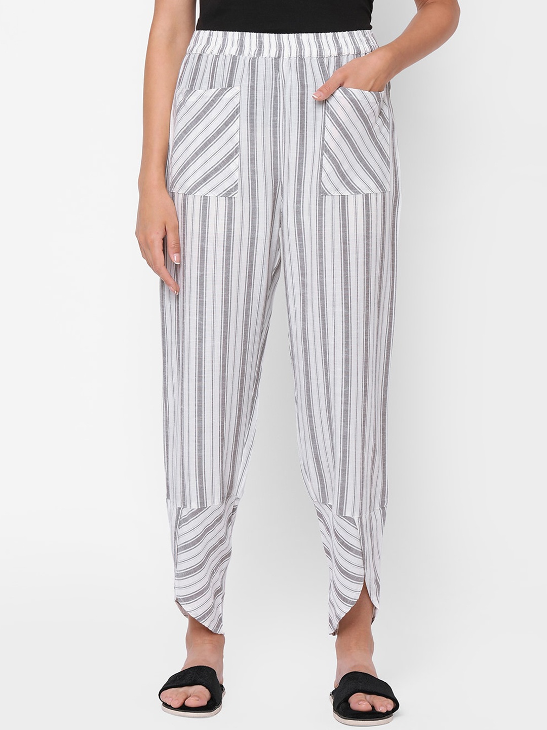 

Mystere Paris White & Grey Elegant Striped Cotton Lounge Pants