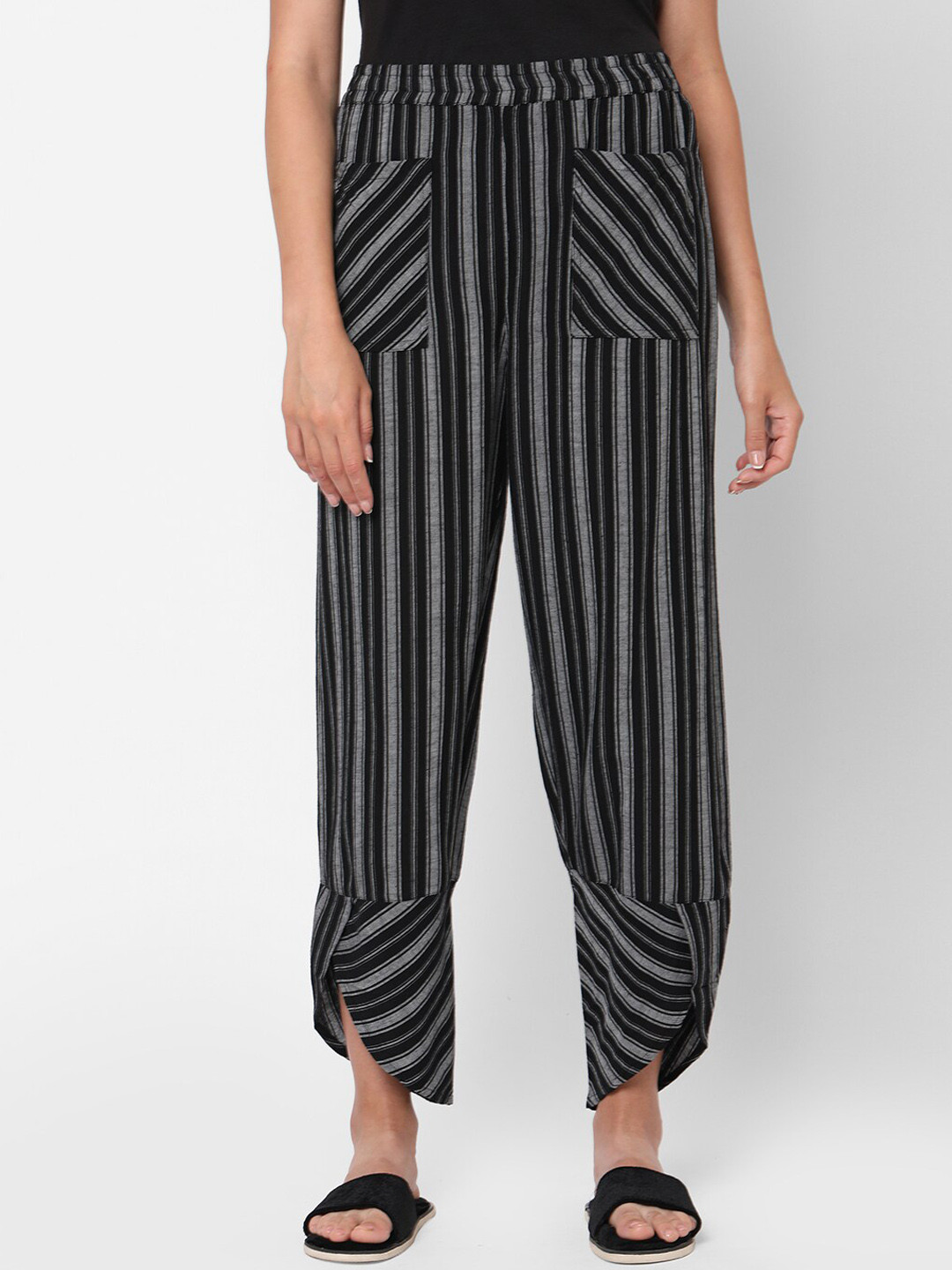 

Mystere Paris Women Black & Grey Chic Striped Cotton Lounge Pants