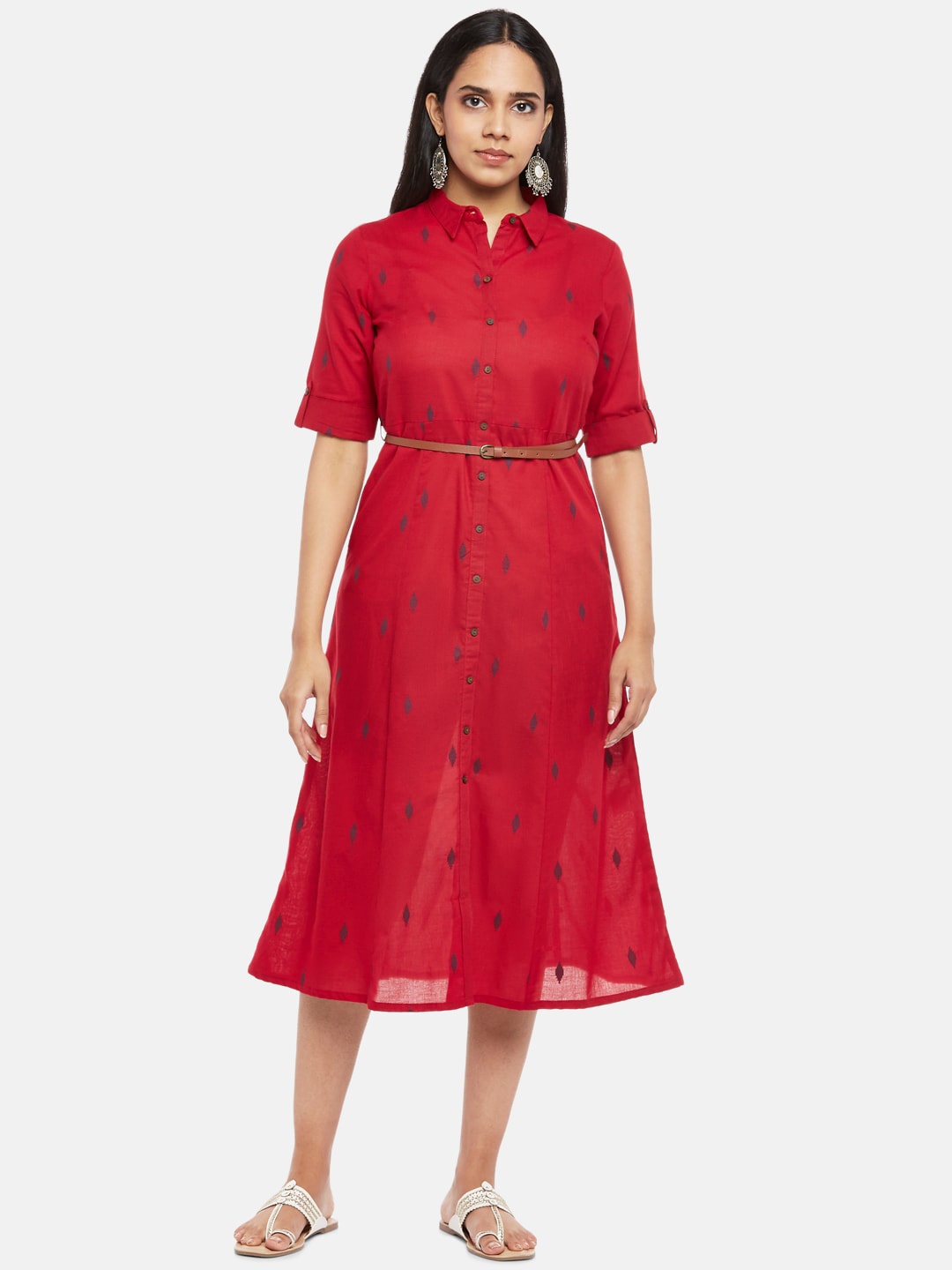 

AKKRITI BY PANTALOONS Red Geometric Printed Cotton Midi Shirt Dress