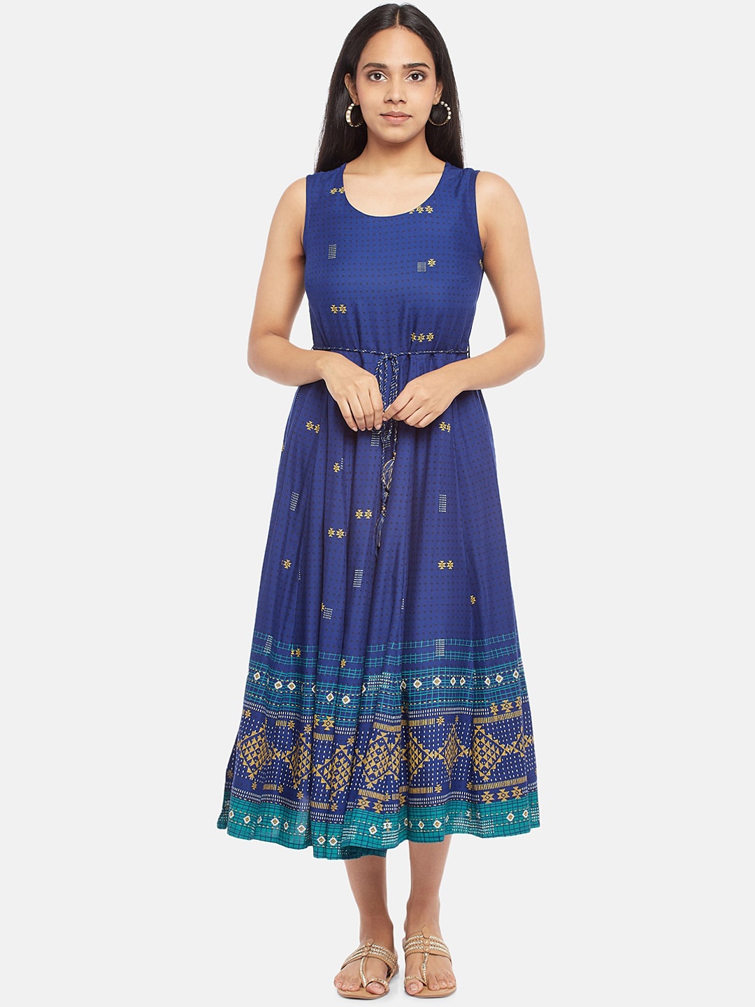 

AKKRITI BY PANTALOONS Navy Blue & Gold-Toned Printed Midi Fit & Flare Dress