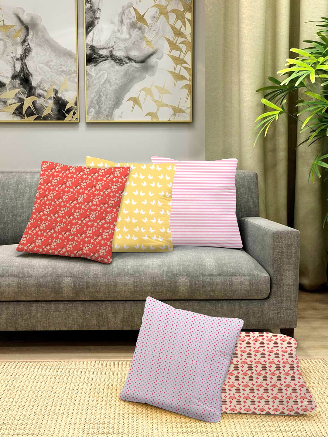 

prettykrafts Set Of 5 Quirky Square Cushion Covers, Yellow
