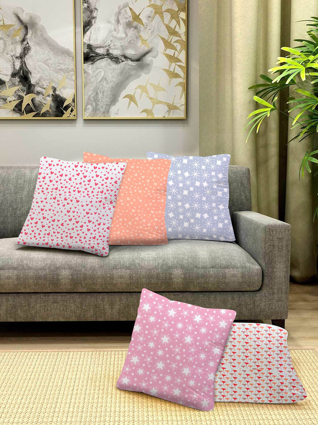 

prettykrafts Set of 5 Geometric Square Cushion Covers, Multi