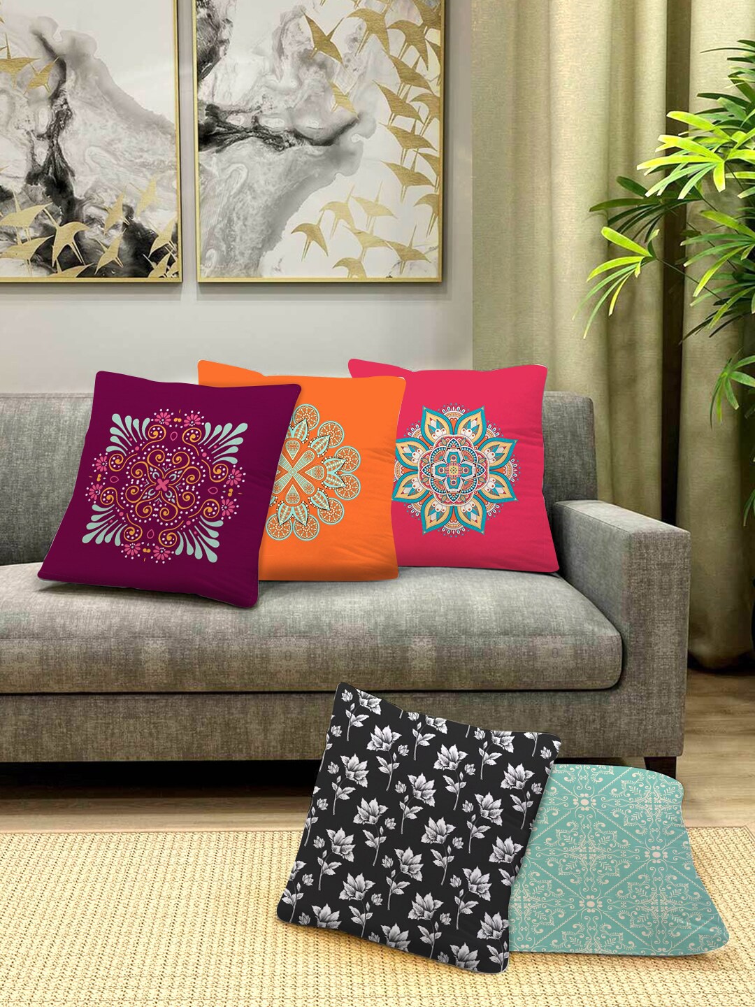 

prettykrafts Multicoloured Set of 5 Printed Square Cushion Covers, Multi