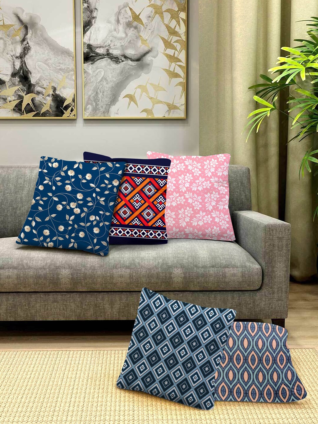 

prettykrafts Set of 5 Multicoloured Printed Square Cushion Covers, Multi
