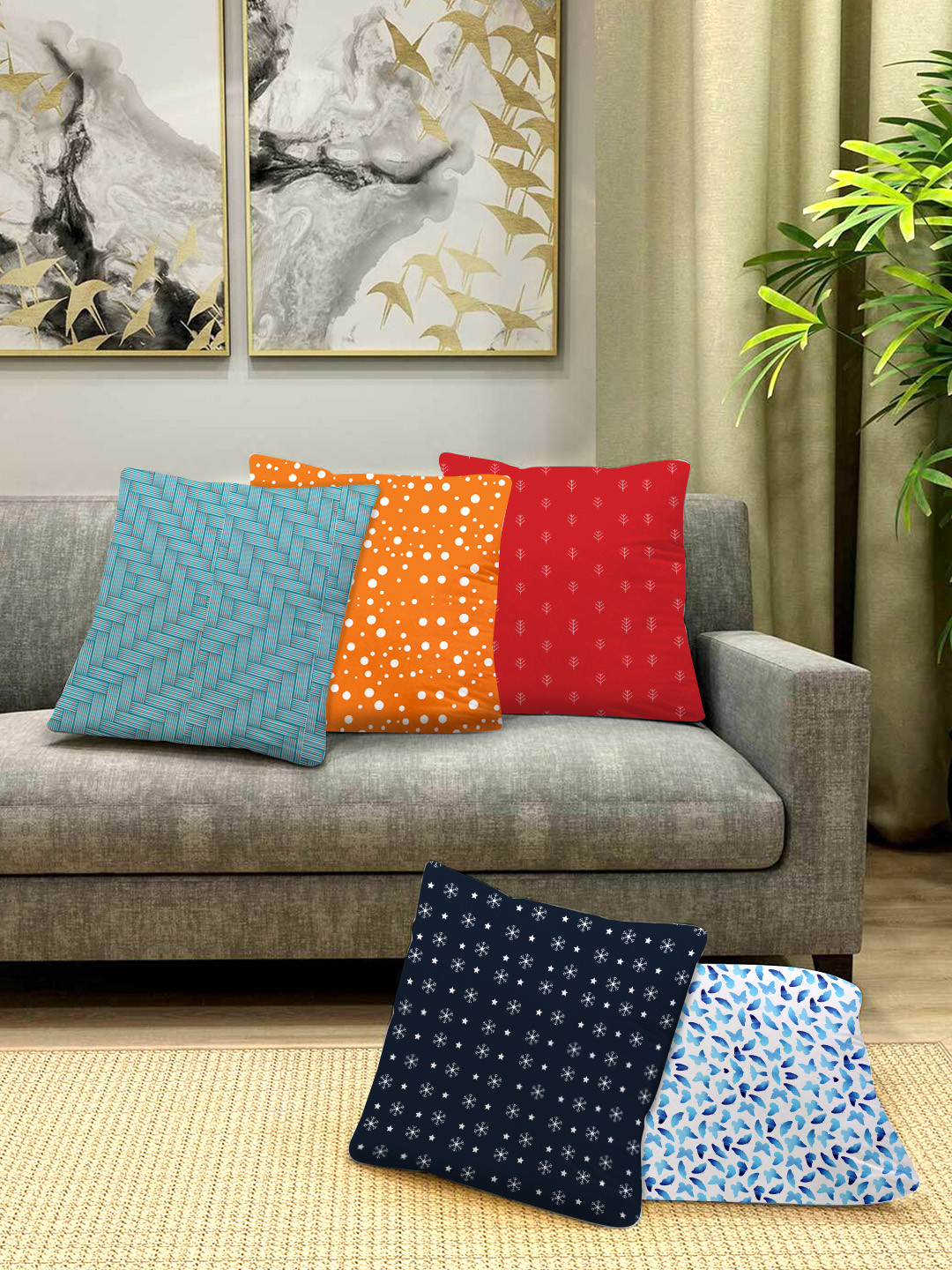 

prettykrafts Multicoloured Set of 5 Geometric Square Cushion Covers, Multi