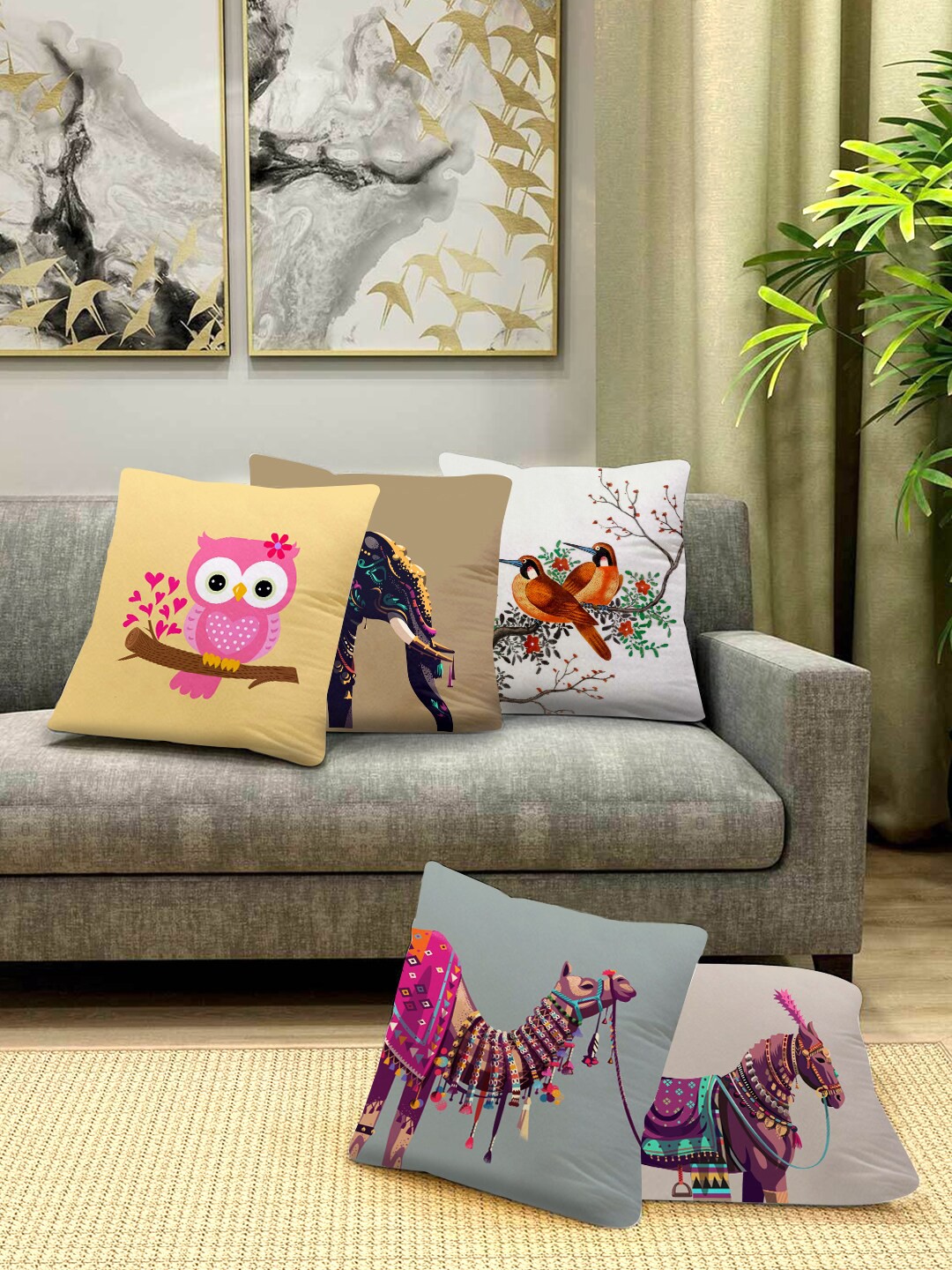 

prettykrafts Grey & Yellow Set of 5 Abstract Square Cushion Covers