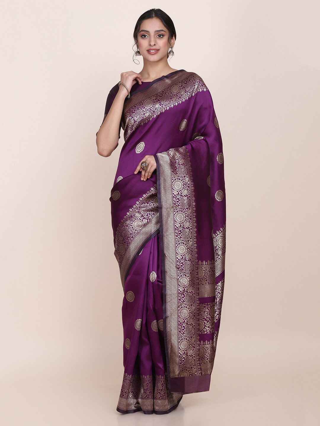 

Shaily Purple & Gold-Coloured Ethnic Motifs Zari Woven Design Silk Blend Saree