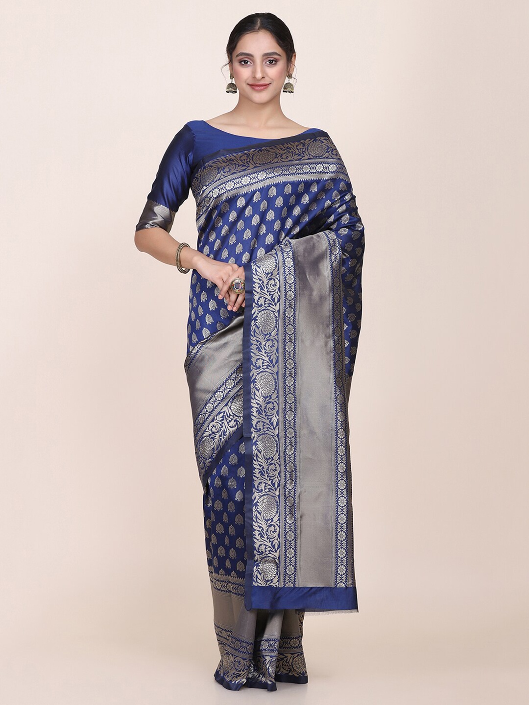

Shaily Navy Blue & Silver Woven Design Zari Silk Blend Saree