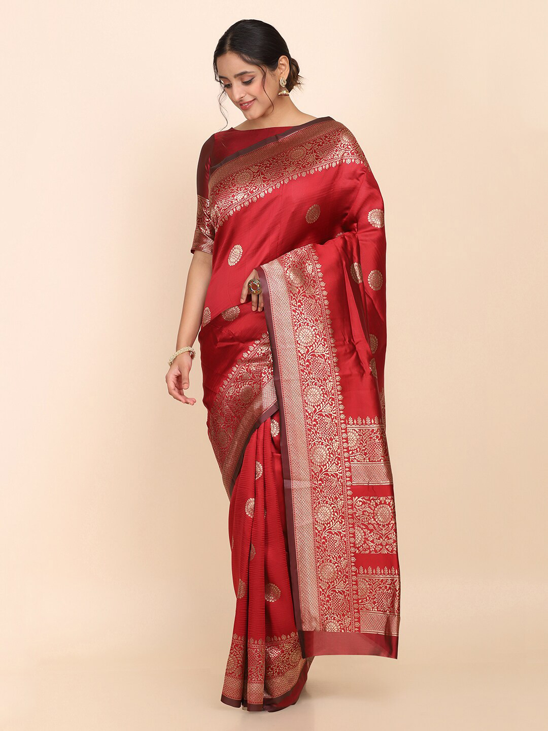 

Shaily Women Maroon & Gold Woven Designed Saree