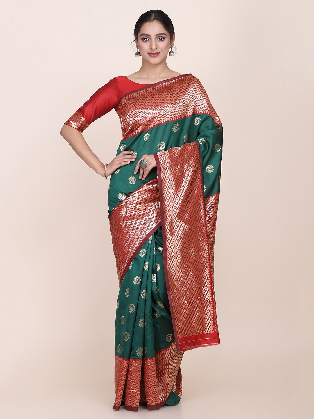 

Shaily Green & Gold-Toned Floral Zari Saree