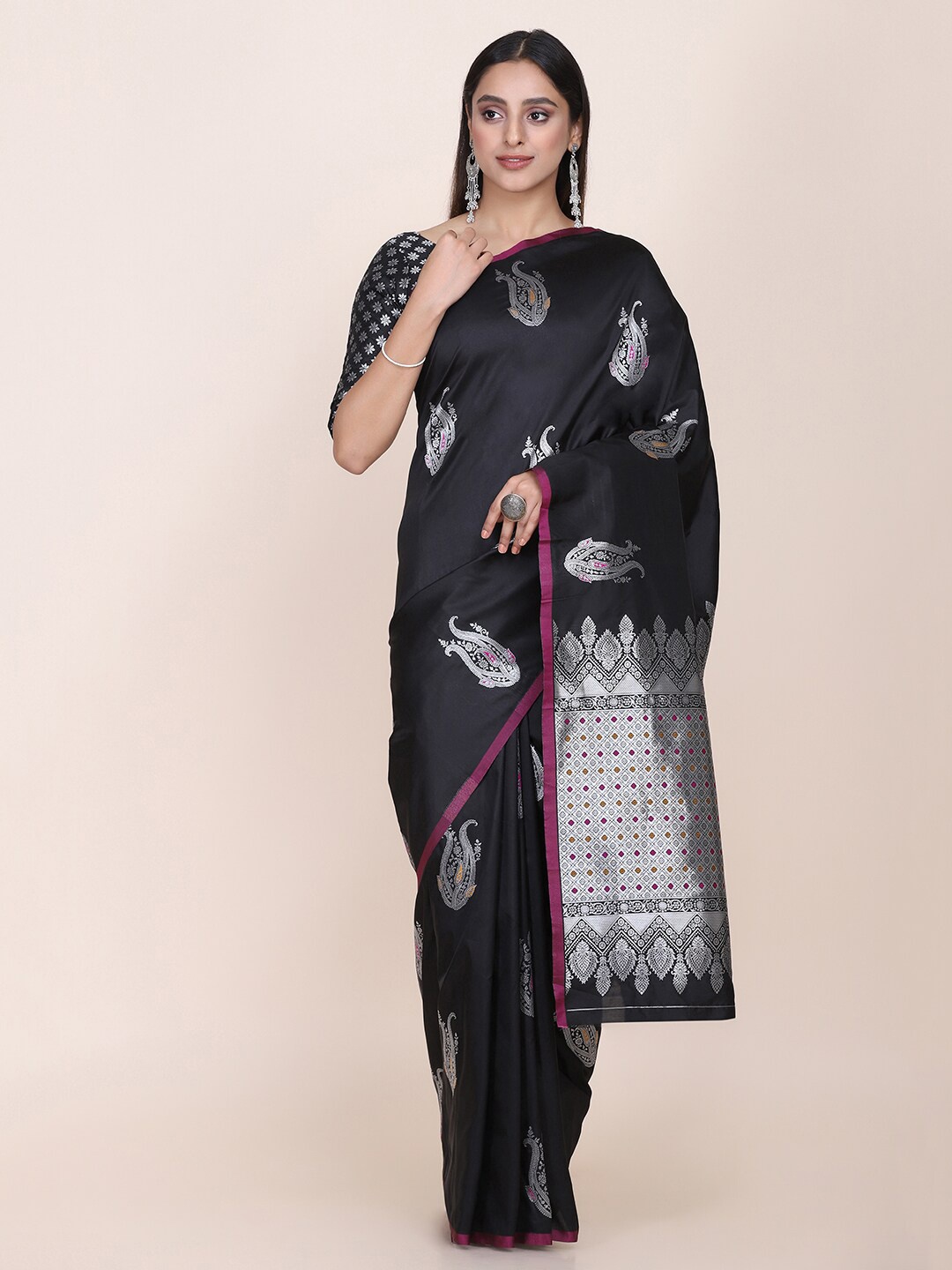 

Shaily Black & Silver Woven Design Zari Silk Blend Saree