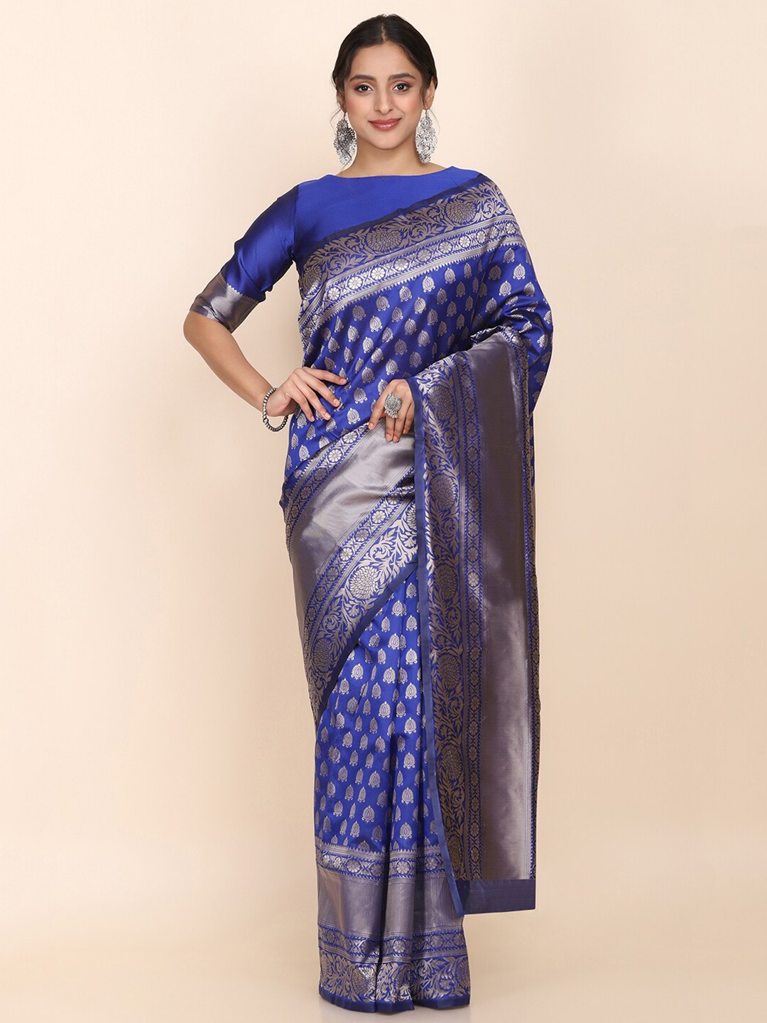 

Shaily Blue & Silver-Coloured Ethnic Motifs Zari Woven Design Silk Blend Saree