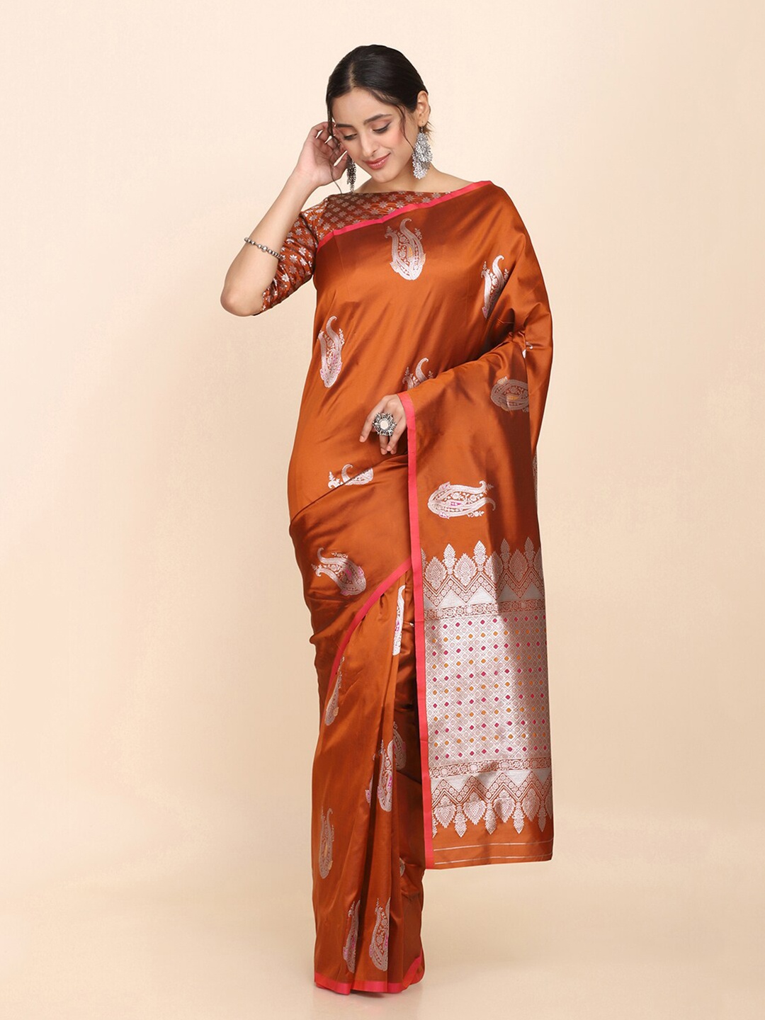 

Shaily Copper & Silver Woven Design Zari Silk Blend Saree