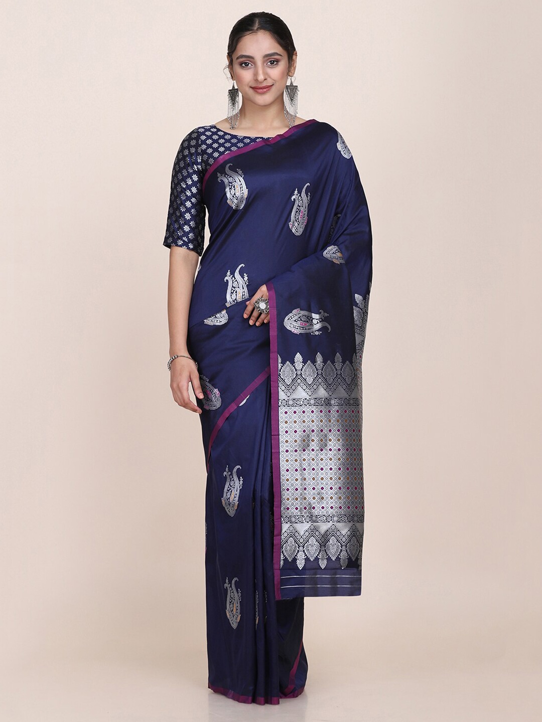 

Shaily Navy Blue & Silver-Toned Ethnic Motifs Zari Saree