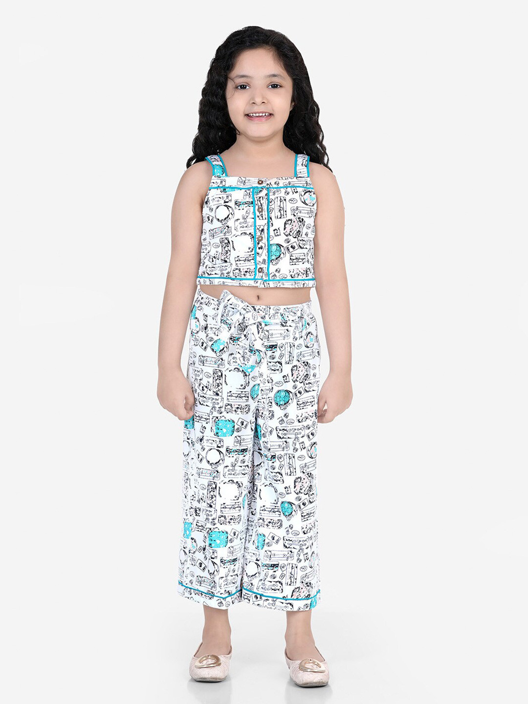 

Naughty Ninos Girls White & Black Printed Pure Cotton Top with Palazzos