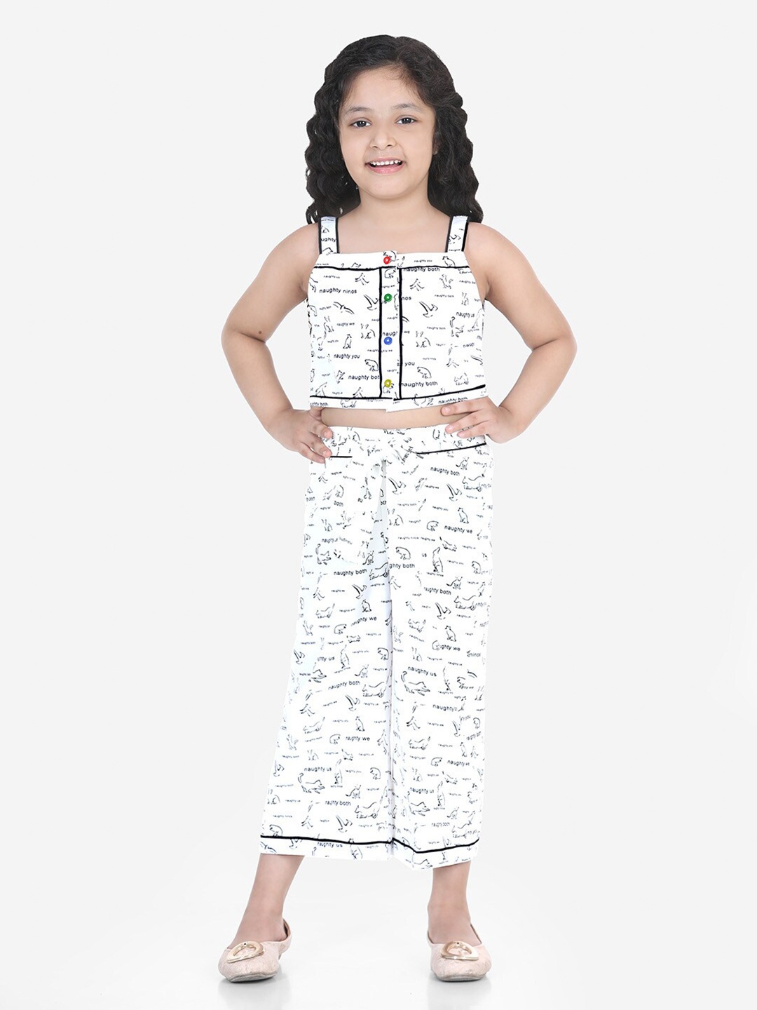 

naughty ninos Girls White & Black Quirky Printed Pure Cotton Top With Palazzos