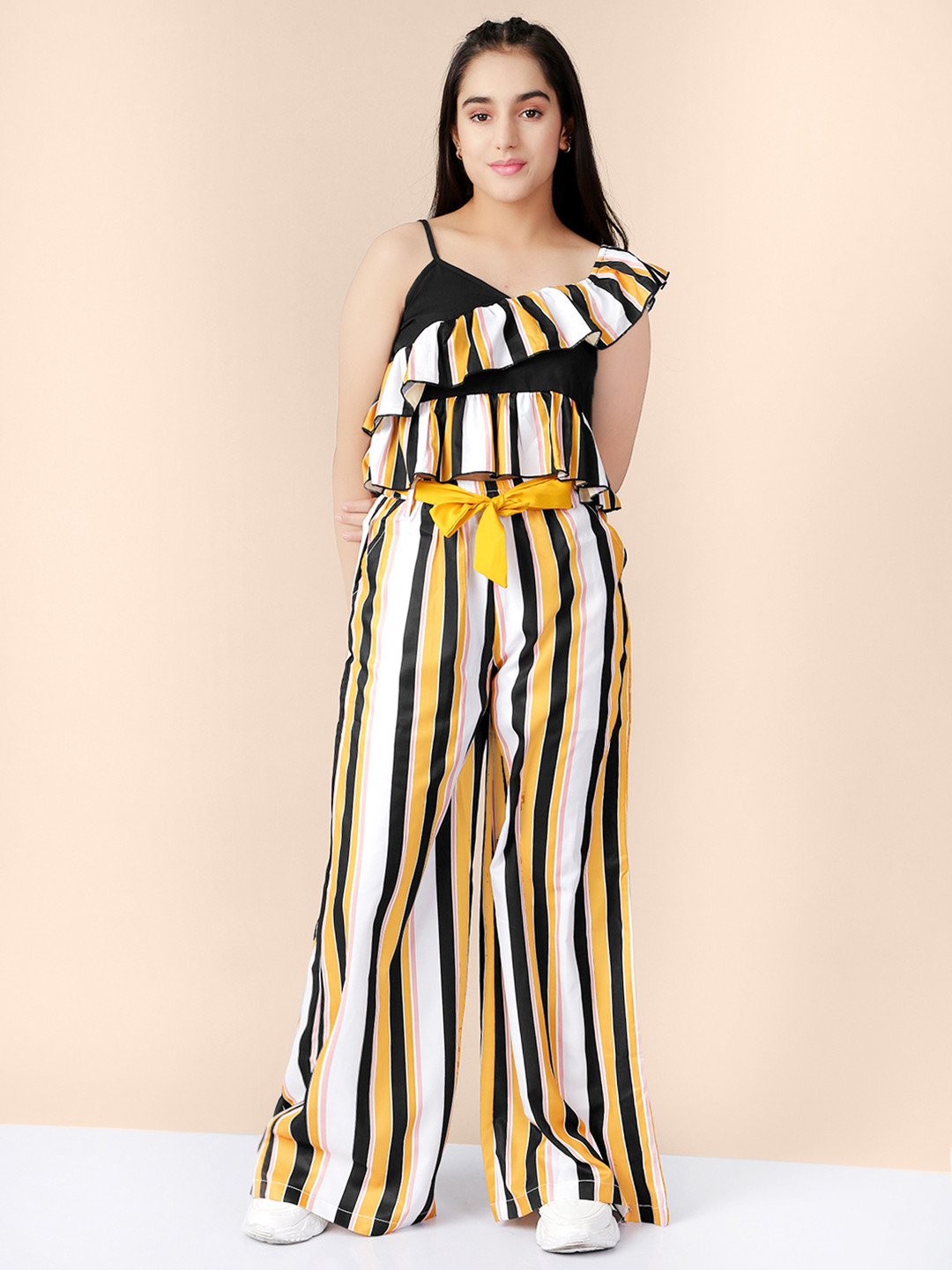 

Naughty Ninos Girls Striped Printed Yellow Co-ord Set, Black