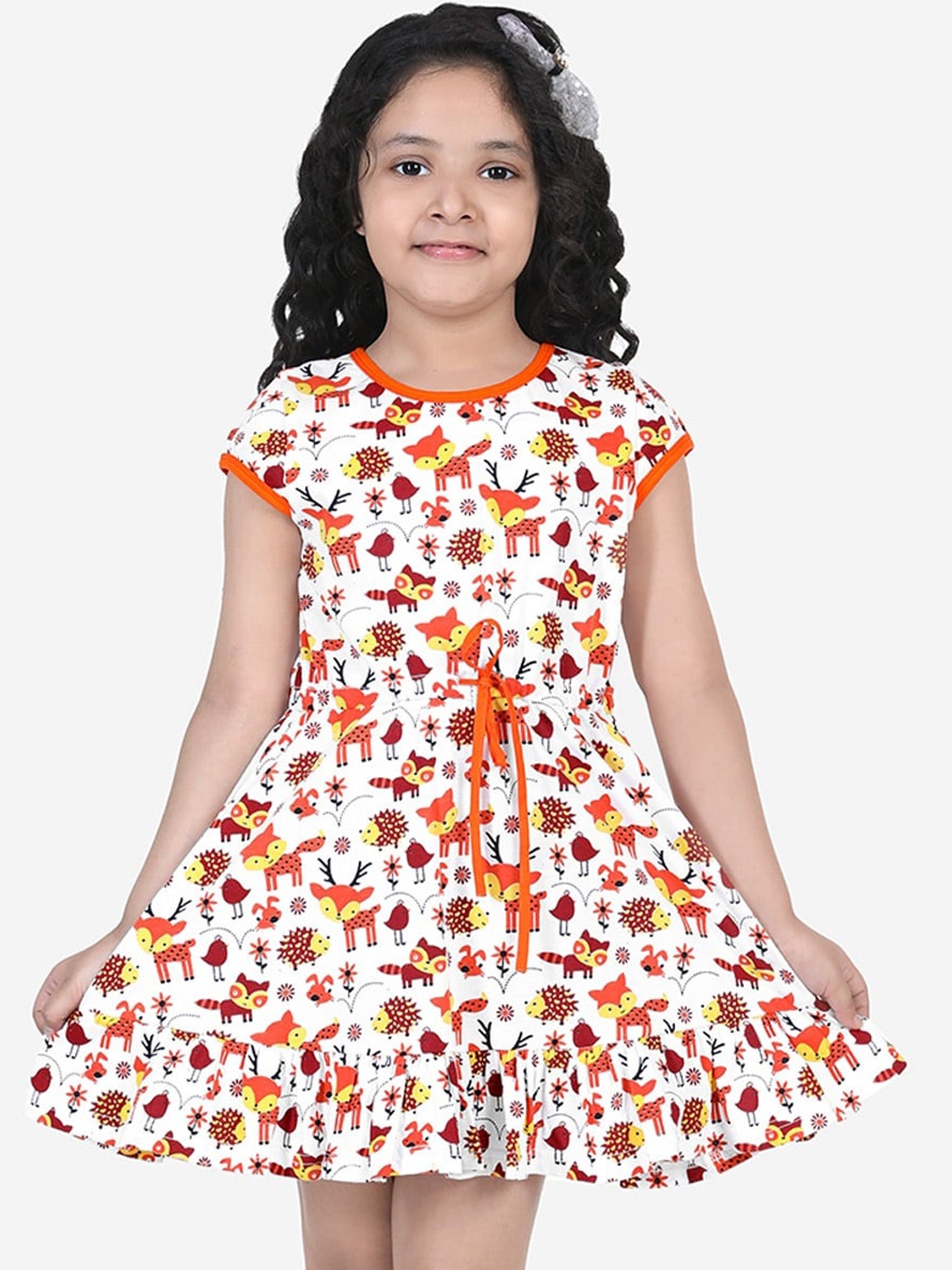 

Naughty Ninos Girls White & Orange Conversational Printed Cotton Dress